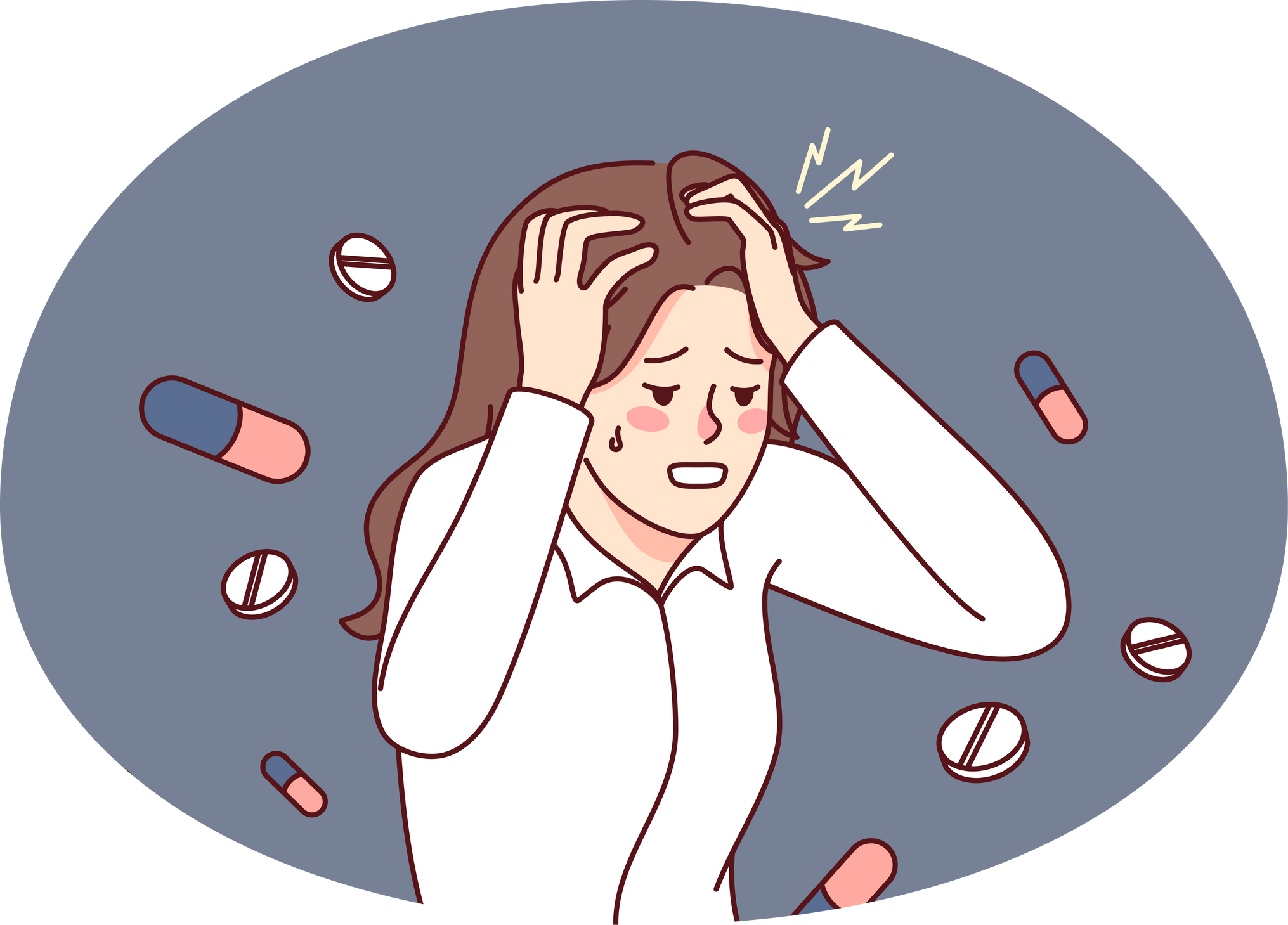Woman displaying expressions of chronic pain, surrounded by medications. Mental Plate offers alternative treatments to chronic pain based on nutrition and psychological therapies.