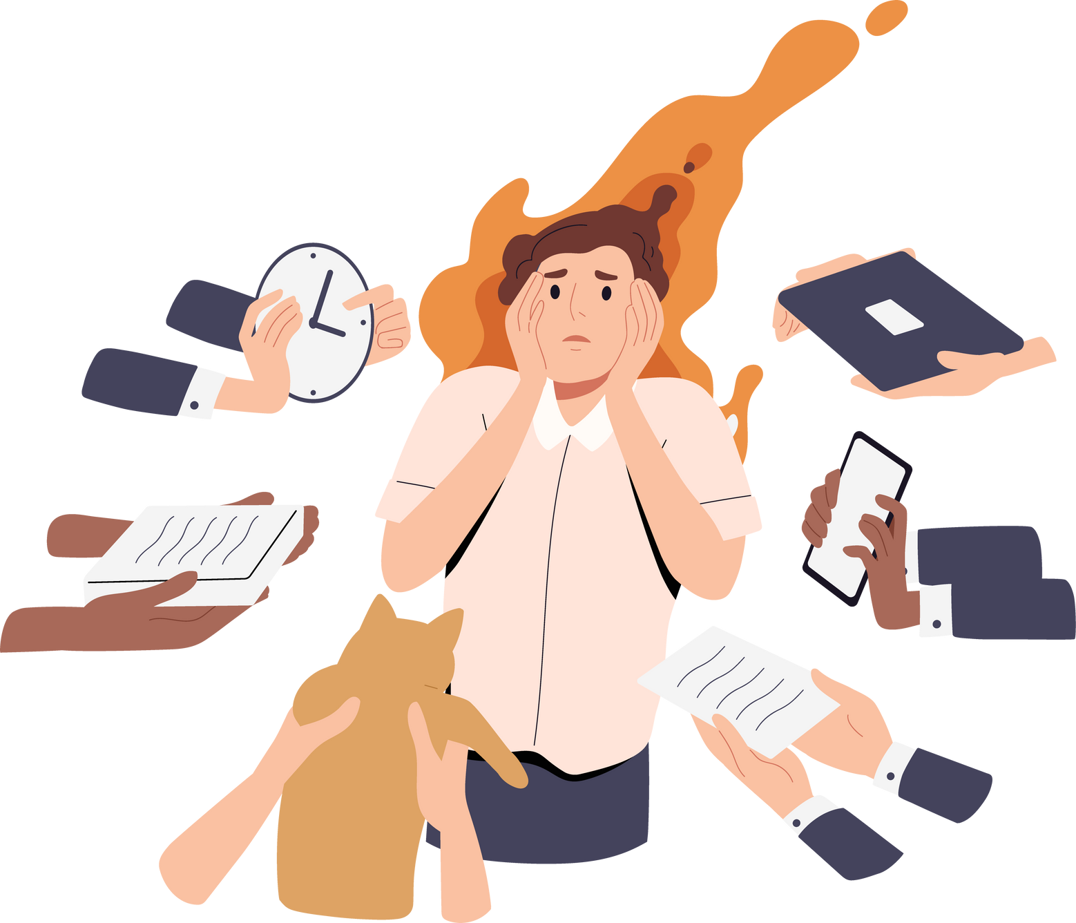 Man surrounded by daily tasks, displaying distress. It represents the symptoms of chronic stress or burnout.
