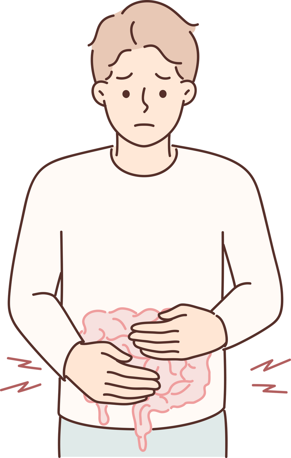 Man with hands on his abdomen showing gastrointestinal discomfort. Mental health offers treatments for gut disorders such as IBS, constipation, diarrhea, gas, bloating, and heartburn.